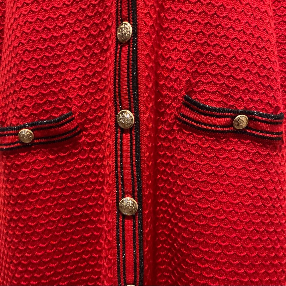 Red and navy knee length button down sweater, large, sharp